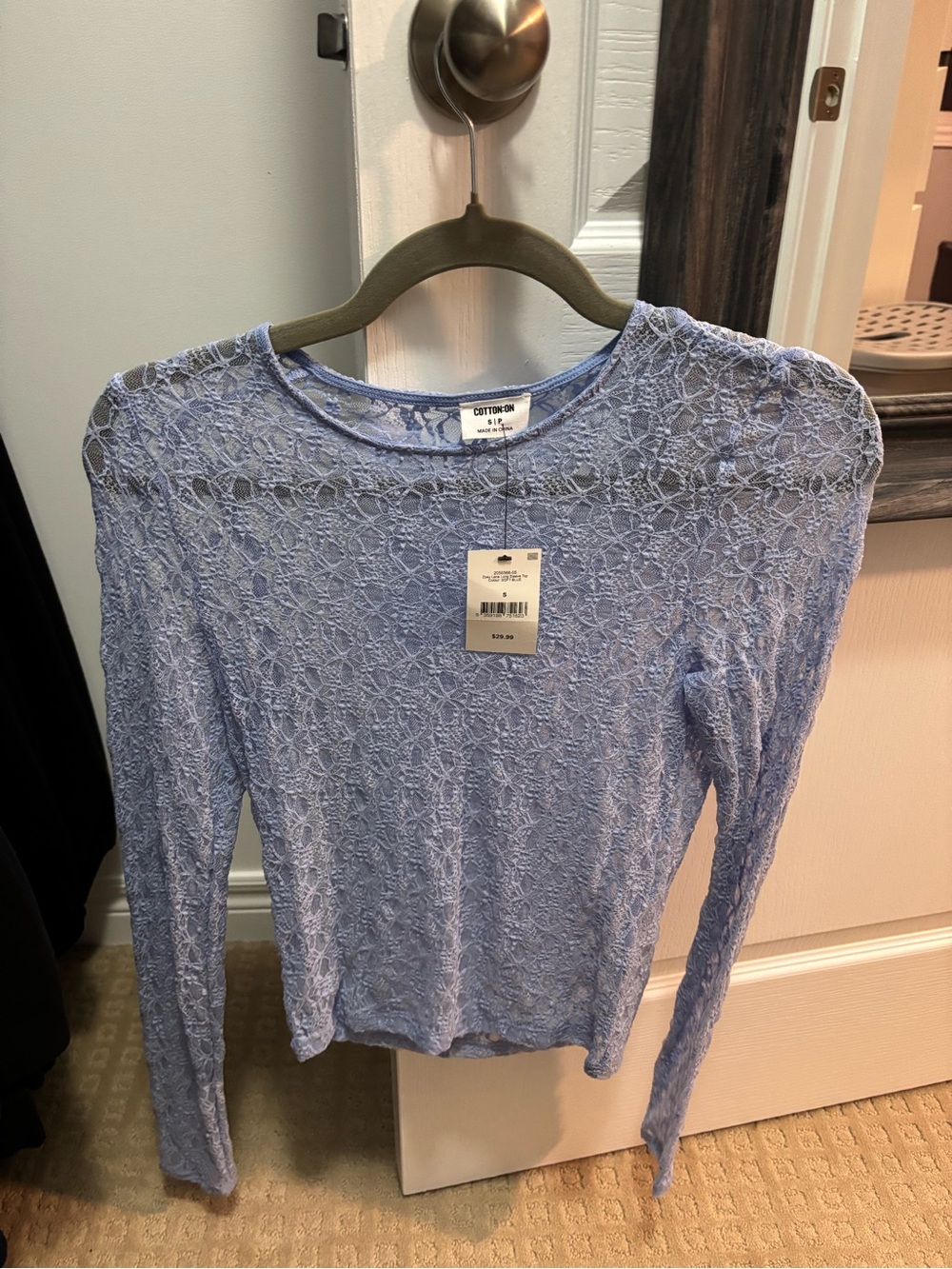Cotton On Women's Light Blue Lace Long-Sleeve Top